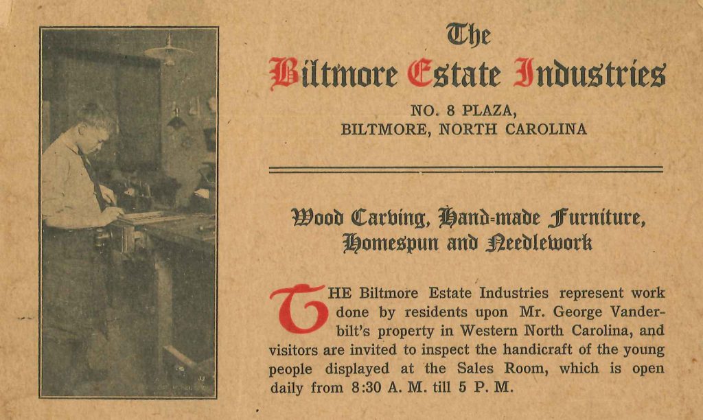 Early advertisement for Biltmore Estate Industries in Asheville, NC.