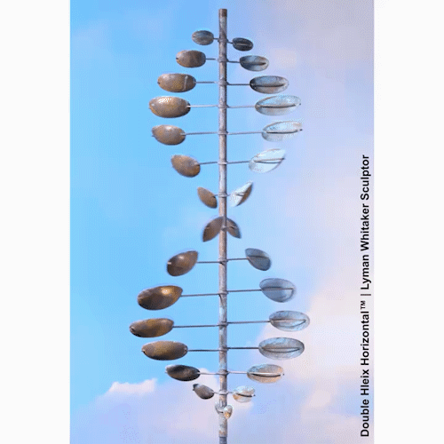 Animated GIF of a double helix horizontal wind sculpture by Lyman Whitaker.