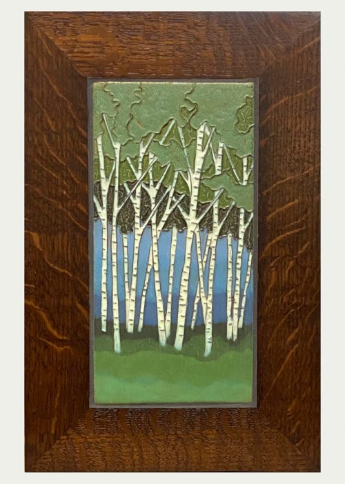 Ceramic birch trees art tile wall hanging handcrafted by Jonathan White.