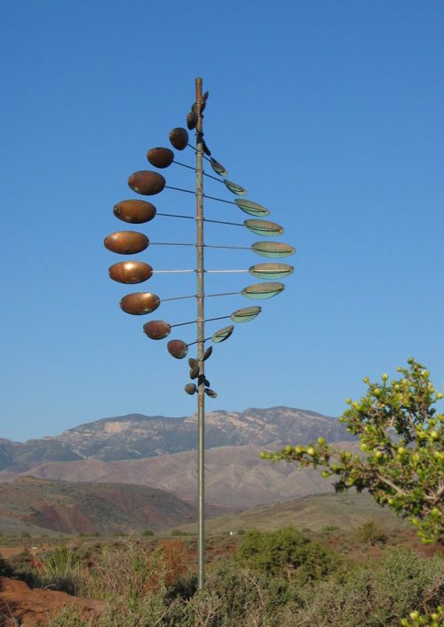 A double helix horizontal wind sculpture by Utah artist Lyman Whitaker.