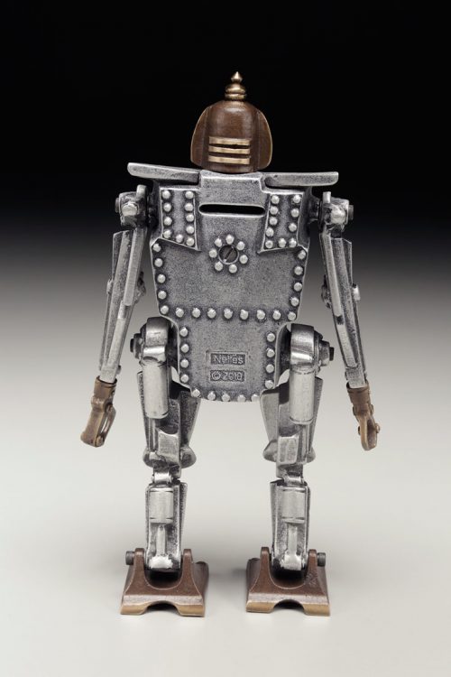 Aluminum and bronze robot coin bank handcrafted by Scott Nelles.