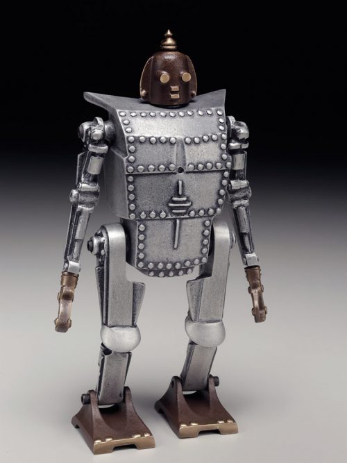 Aluminum and bronze robot coin bank handcrafted by Scott Nelles.