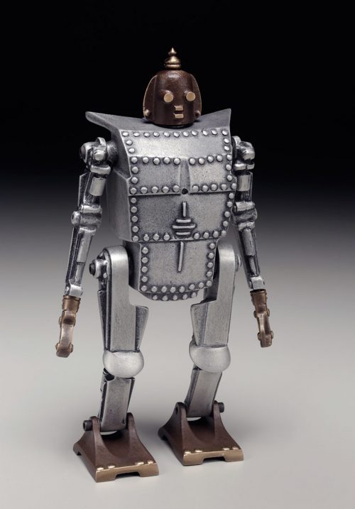 Aluminum and bronze robot coin bank handcrafted by Scott Nelles.