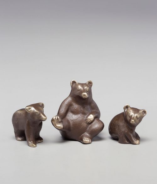 Bronze sculptures of a mama bear and two cubs handcrafted by Scott Nelles.
