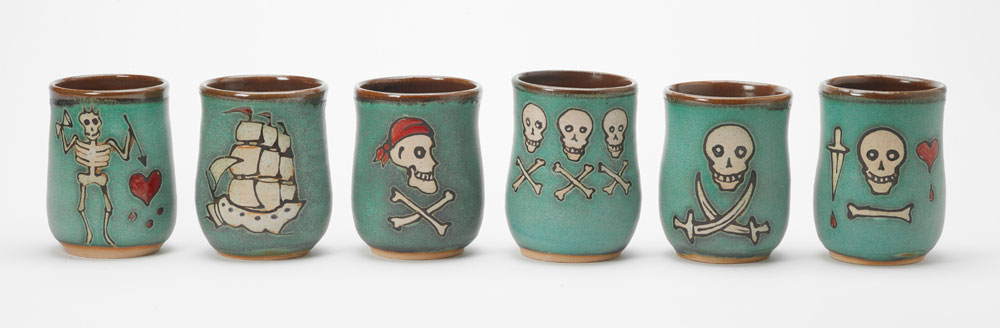 Six ceramic pirate cups handcrafted by Hog Hill Pottery.
