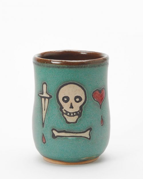 Pottery pirate cup handmade by Hog Hill Pottery featuring the flag of Stede Bonnet.