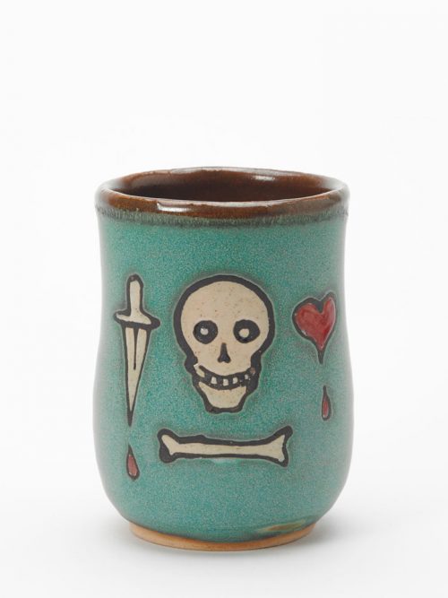 Pottery pirate cup handmade by Hog Hill Pottery featuring the flag of Stede Bonnet.