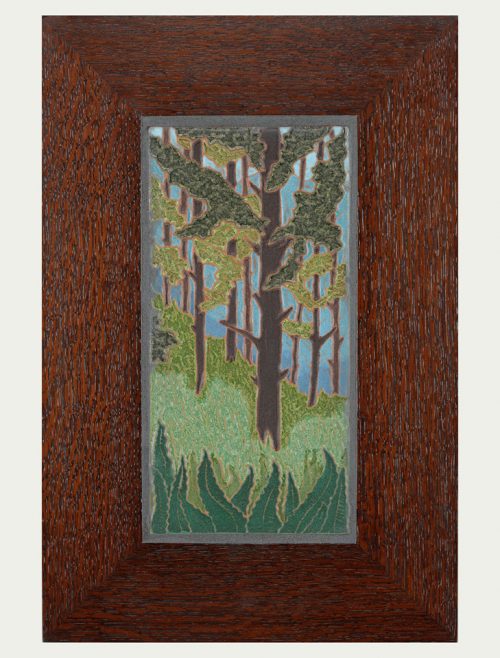 Framed ceramic art tile of spruce pines by Jonathan White.