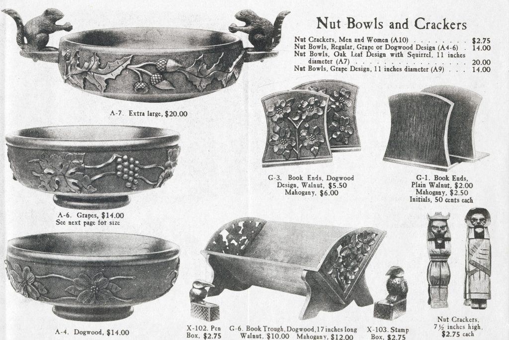 A page from an early Biltmore Estate Industries catalog featuring examples of their woodwork and carvings.