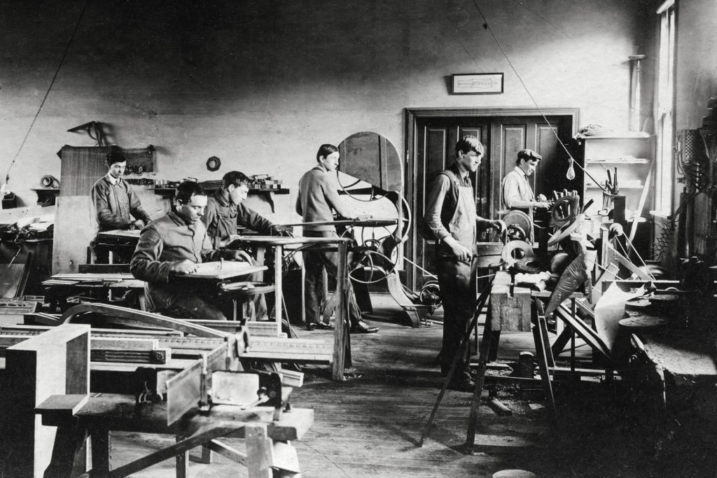 Archival photo of Biltmore Estate Industries’ woodworking shop.