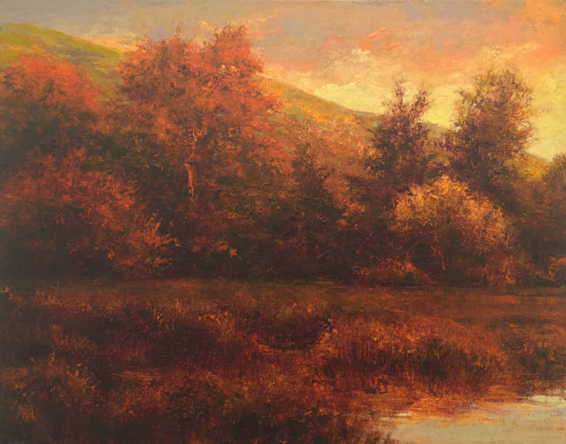 Landscape oil painting titled The Autumn Gothic by Shawn Krueger.