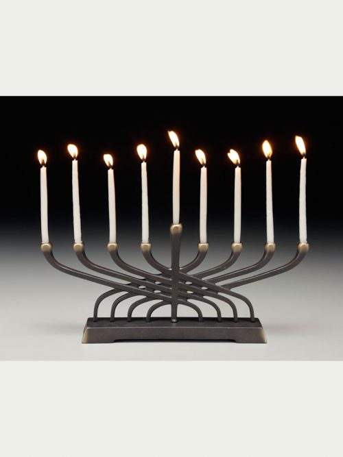 Contemporary bronze menorah handcrafted by Scott Nelles.