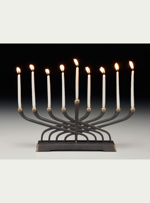 Contemporary bronze menorah handcrafted by Scott Nelles.