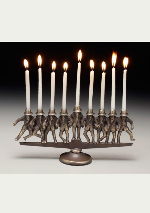 Dancing rabbis bronze menorah by Scott Nelles.