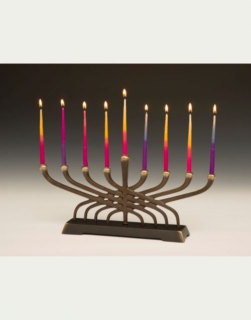 Contemporary bronze menorah handcrafted by Scott Nelles.