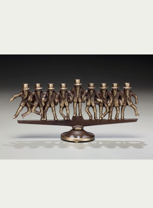 Dancing rabbis bronze menorah by Scott Nelles.