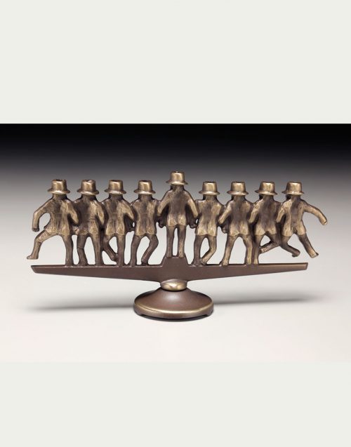 Bronze rabbi menorah by Scott Nelles.