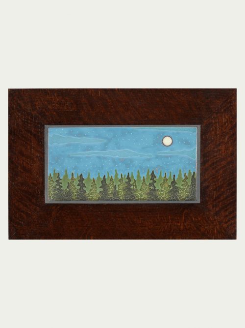 Art tile wall hanging of the moon over spruce trees by artist Jonathan White.