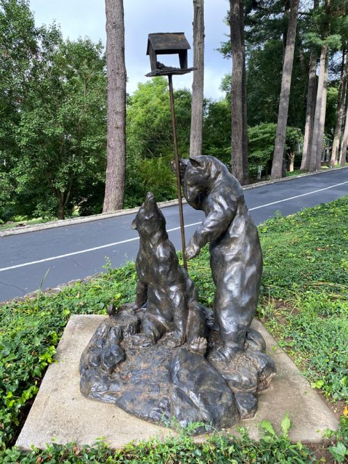 Bronze sculpture of two black bears by North Carolina artist Roger Martin.
