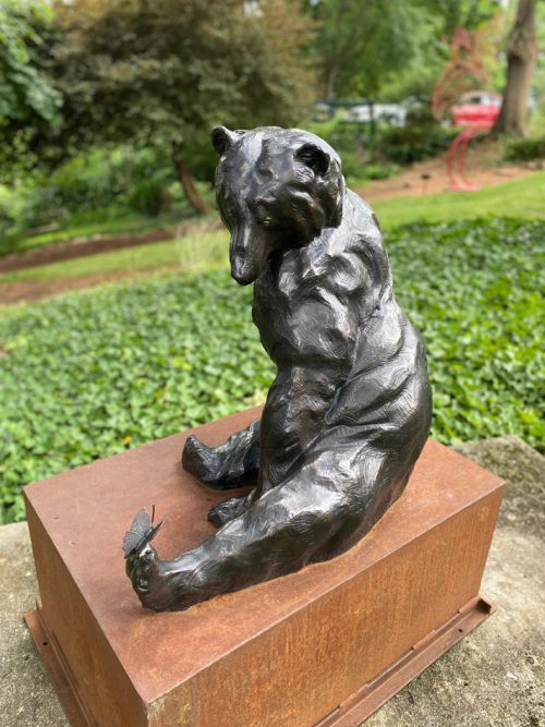 Bronze sculpture of a black bear by North Carolina artist Roger Martin.