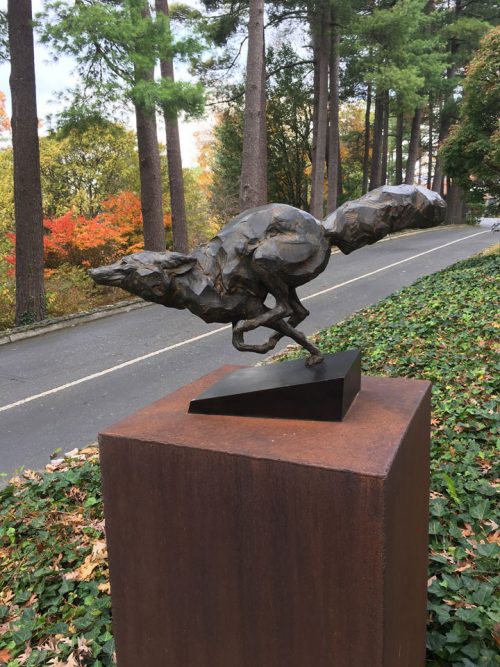 Bronze fox sculpture by North Carolina artist Roger Martin.