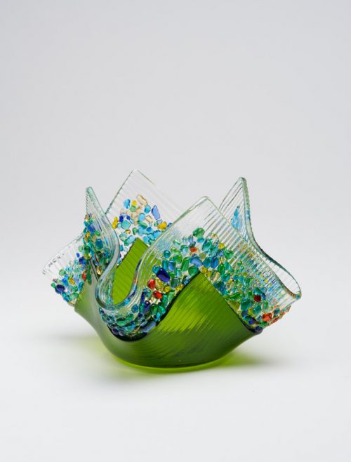 Moss green glass votive by South Carolina artists Jerry and Kathy Galloy.