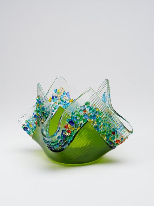 Moss green glass votive by South Carolina artists Jerry and Kathy Galloy.