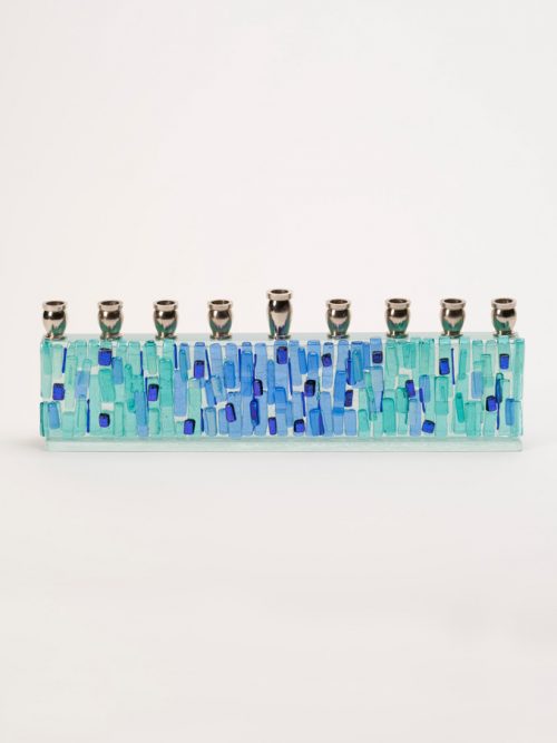 Handcrafted art glass menorah by North Carolina-based artist Alicia Kelemen.