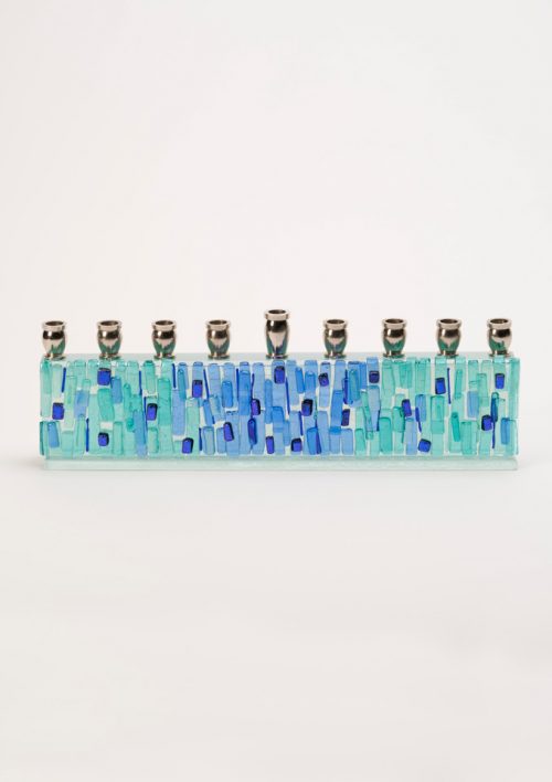 Handcrafted art glass menorah by North Carolina-based artist Alicia Kelemen.