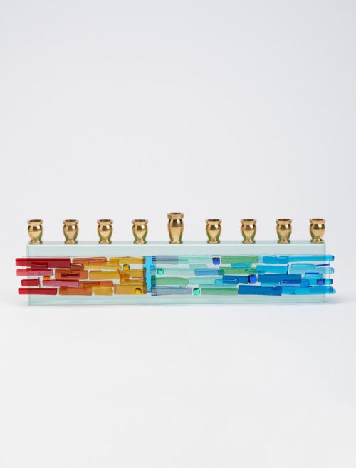 Art glass menorah by North Carolina artist Alicia Kelemen.