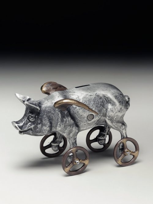 Metal flying pig coin bank by Scott Nelles.