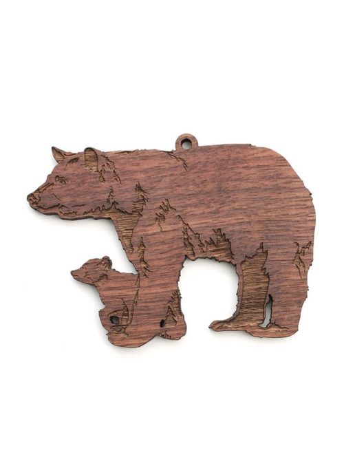Wooden black bear with cub ornament by Nestled Pines Woodworking.