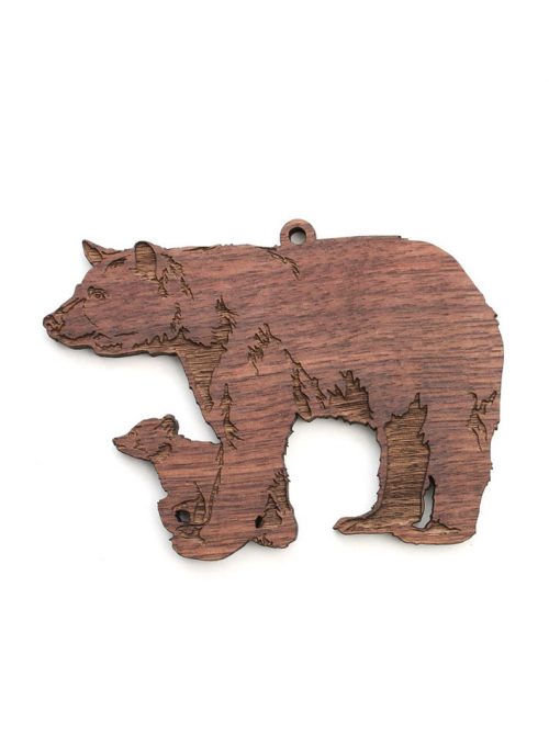 Wooden black bear with cub ornament by Nestled Pines Woodworking.