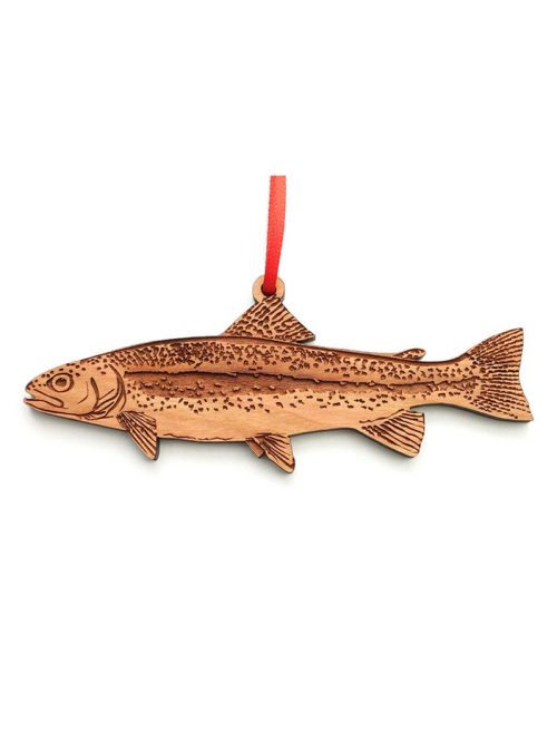 Wooden rainbow trout ornament by Nestled Pines Woodworking.