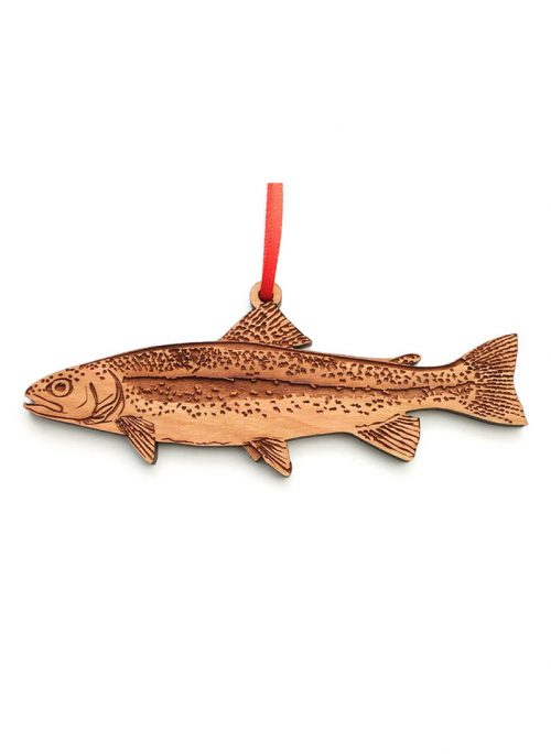 Wooden rainbow trout ornament by Nestled Pines Woodworking.