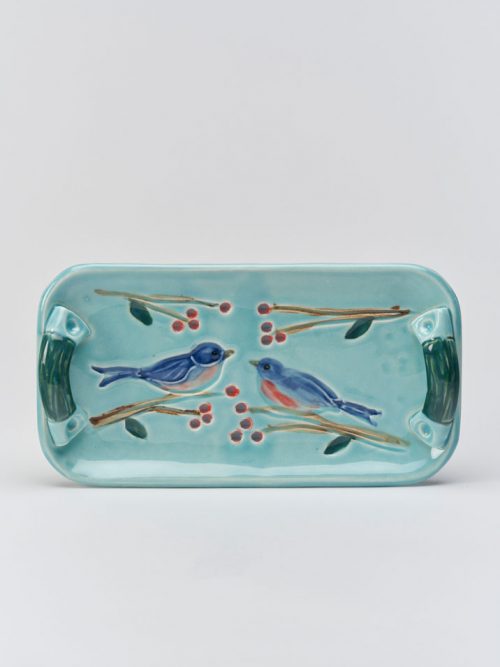 Ceramic blue bird tray handcrafted by North Carolina artist Vicki Gill.
