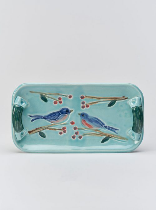 Ceramic blue bird tray handcrafted by North Carolina artist Vicki Gill.