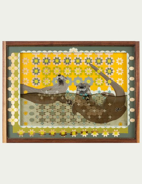 Fine art mixed media wall hanging of two swimming otters by Kim Dills.