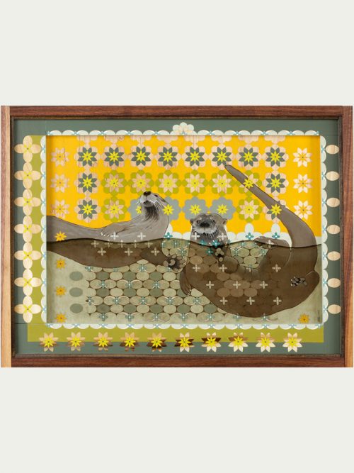 Fine art mixed media wall hanging of two swimming otters by Kim Dills.