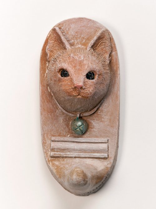 Handmade ceramic cat leash holder by North Carolina artist John Richards.