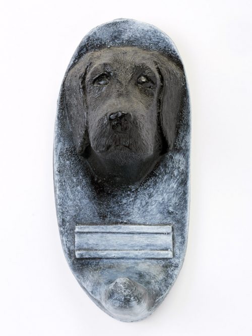 Black lab dog leash holder by John D. Richards.