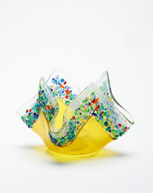 Yellow confetti glass votive handmade by Jerry and Kathy Galloy.