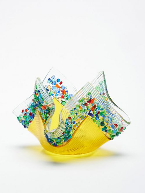 Yellow confetti glass votive handmade by Jerry and Kathy Galloy.