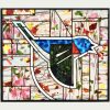 A stained glass window panel by Jacob Hinnenkamp featuring a Charley Harper bluebird design.