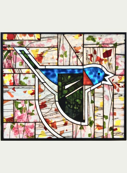 A stained glass window panel by Jacob Hinnenkamp featuring a Charley Harper bluebird design.