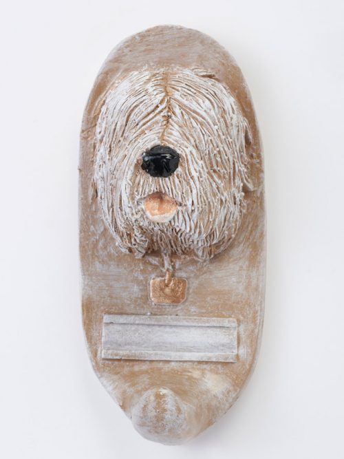 Ceramic sheep dog leash holder by North Carolina artist John D. Richards.