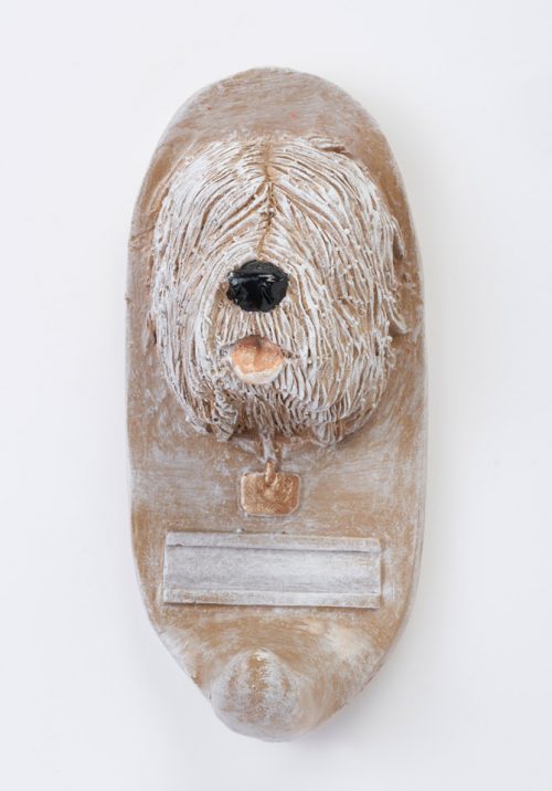 Ceramic sheep dog leash holder by North Carolina artist John D. Richards.
