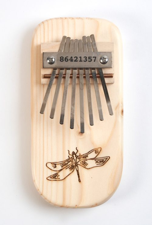 Handmade dragonfly engraved thumb piano by Paul and Sue Bergstrom