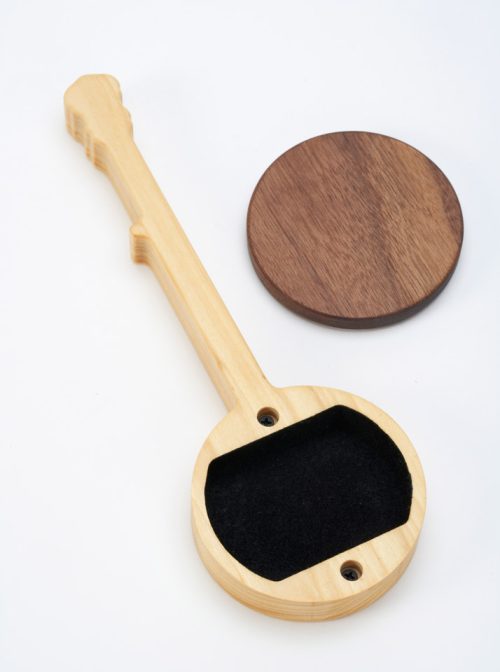 Wooden banjo keepsake box handmade by Kate and Michael Kedzierski.