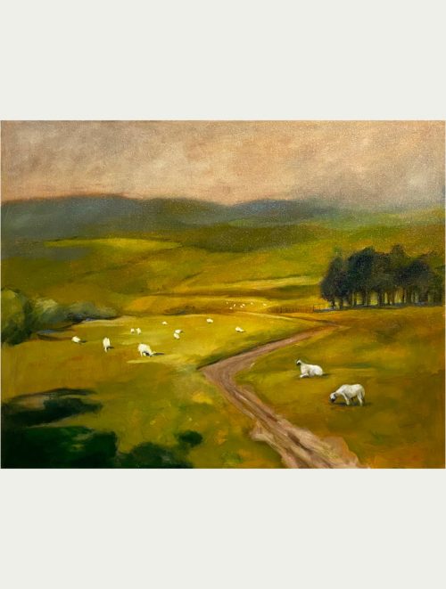A fine art oil painting by Patricia Cotterill featuring a countryside with grazing sheep.